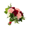 A handheld bouquet of red roses with pink carnations and greenery accent.