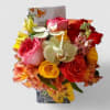Roses orchids and more arranged in a modern glass cube vase. Perfect