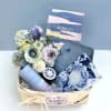 Gorgeous basket full of healthy vegan treats, planet friendly beauty products and