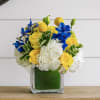 4X4 glass cube arrangement.  Our bluebell arrangement is a mix of
