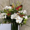 CYLINDRICAL VASE WITH JAPANESE GLORIOSA, WHITE PHALAENOPSIS ORCHIDS, VIBURNUM, THAI LEAF, AND