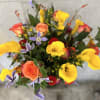 Medium to tall composition assortment of yellow captain calla lily&#039;s, yellow lysimachia