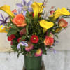 Medium to tall composition assortment of yellow captain calla lily&#039;s, yellow lysimachia