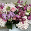 Features, lush light pink hydrangeas, garden roses Mayra, light pink ranunculos, Japanese