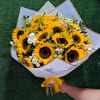 24 Sunflowers in a Wrapped Bouquet with Solidago, Baby Breath, White Alstroemerias