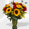 Overnight arrangement is a nice combination of 12 roses, 12 Sunflowers 6