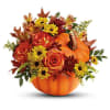 Beautiful arrangement ceramic Pumkin contianer, Orange roses, Fall mix color pom pom