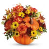 Beautiful arrangement ceramic Pumkin contianer, Orange roses, Fall mix color pom pom
