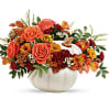 This pretty white pumkin arrangement created with Fall daisie, orange alstro, orange