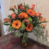 Celebrate! Orange roses, orange gerber daisies and miscellaneous greens with orange alstroemerias.