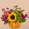 Send a beautiful arrangement in a ceramic keepsake pumpkin containing a colorful