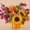 Send a beautiful arrangement in a ceramic keepsake pumpkin containing a colorful