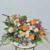 Color Palette: blush, apricot, purple, pink, green
Blush and apricot roses paired with
