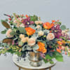 Color Palette: blush, apricot, purple, pink, green
Blush and apricot roses paired with
