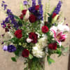 Recipe: Purple and White Larkspur, Red Roses, Pink Stargazer, Purple Lisianthus, White