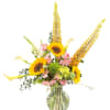 Sunflowers, Roses, Snapdragons  with green flowers in a clear vase