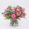 Plume features Purple Roses, Pink Hypericum Berries, Purple Waxflower, Purple Snapdragon, Italian