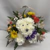 Cute puppy made out of carnations surrounded by seasonal flowers . Great