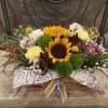 Sunflowers , Blue Thistles or Florist Choice , Green Balls, Statices, Spray
