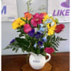 Vase ceramic pitcher with Sunflowers, Hot pink, Orange, and Yellow Roses, Alstroemerias