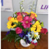 Vase ceramic pitcher with Sunflowers, Hot pink, Orange, and Yellow Roses, Alstroemerias