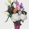 Orange and Lavender roses, Lavanda Stock, White Lily, Bupleurum, Limonium, Purple and