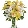 Peach Roses, Yellow Roses and Asiatic Lilies, White Daisies, Eucalyptus, Seasonal greens
