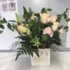 Peach Carnation and Roses, White Lily, Bupleurum, 2 Succulent plants and Green
