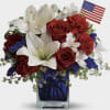 Red roses and carnations, white lilies and Blue Chrysanthemums, fillers and greens.