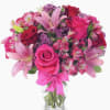 Red Roses, Hot Pink Roses, Pink Lilies and Alstroemeria, and Greens. Clear