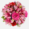 Red Roses, Hot Pink Roses, Pink Lilies and Alstroemeria, and Greens. Clear