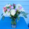 White roses, Hydrangeas, Mum cushion, Lavender or Pink Spray roses, Pink alstroemeria