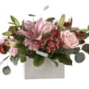 Pink Roses, Lilies, Red Moms, Alstroemerias, Eucalyptus Silver Dollar. In Rectangular wooden