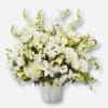 White Roses, Snapdragons or Gladiolus, Hydrangea, Oriental Lilies, Daisies Pomps, Bupleurum, Leather