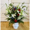 Red Roses and Carnations, White snapdragons or Gladiolus, Oriental Lilies, Chrysanthemums PompsBlue