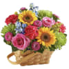 Sunflowers, Hot Pink roses, Carnations, Chrysanthemums, Green moms, Blue Delphiniums, Aster Solidago