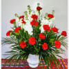 Carnations, White Stock, greens and fillers, 7&rdquo; Plastic Conteiner 