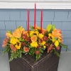 Centerpiece with Orange Roses, Red, Orange, Magenta Carnations, Orange and Bronze Moms