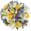 Yellow Roses, White lilies, Light blue Delphinium, Lavender Statice, greens. Clear vase