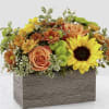 Box with Sunflowers &amp; Orange Roses, Orange and Yellow daisies, Green Chrysanthemums