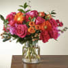 Hot pink or Orange Gerberas, Carnations, Roses, Orange or peach roses, Pink