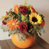 Pumpkin Vase with Sunflowers, Red Roses, Orange Gerberas Daisies, Rec Hypericum, Yellow