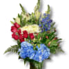 Red Roses, and Alstromeria, White Asiatic Lily, Chrysanthemums, Snapdragons or Stock, Blue