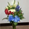 Red Roses, and Alstromeria, White Asiatic Lily, Chrysanthemums, Snapdragons or Stock, Blue