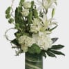 Green bells of Ireland, Dianthus, Aspidistra, White Lilies, Roses, Hydrangea, Bupleurum, Seasonal
