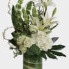Green bells of Ireland, Dianthus, Aspidistra, White Lilies, Roses, Hydrangea, Bupleurum, Seasonal
