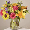 Sunflowers, Hot pink roses, Orange lilies, Lavender stock, Green moms, Bupleurum, Seasonal