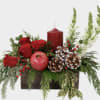 Red Roses, Christmas Greens, Pomegranate, Ornaments, Large Red candle, Pines, and Rectangular