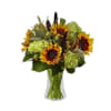 Glass Vase with 6 Sunflowers and 3 Green Hydrangea, Aster Solidago and