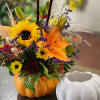 Ceramic pumpkin, select orange or white pumpkin, filled with beautiful seasonal flowers